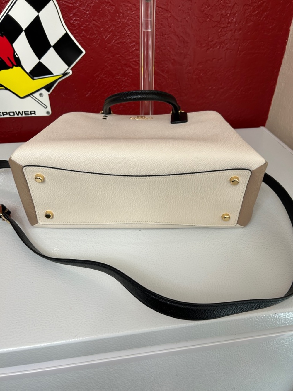 Coach Cream Leather Satchel with Black Handles and Strap - Picture 12 of 16